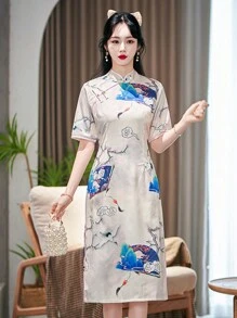 時尚中式復古旗袍長裙 - 杏色 - 查看 3