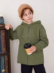 SHEIN Tween Boy 防水面料保暖内衬拉链闭合松紧腰带帽夹克，适合秋冬季 - 軍綠色 - 查看 7