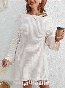 SHEIN VCAY Plus Button Detail Tassel Hem Drop Shoulder Sweater Dress - Beige - View 3