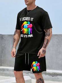 Manfinity LEGND Men Plus Slogan Graphic Tee & Drawstring Waist Shorts - Black - View 3