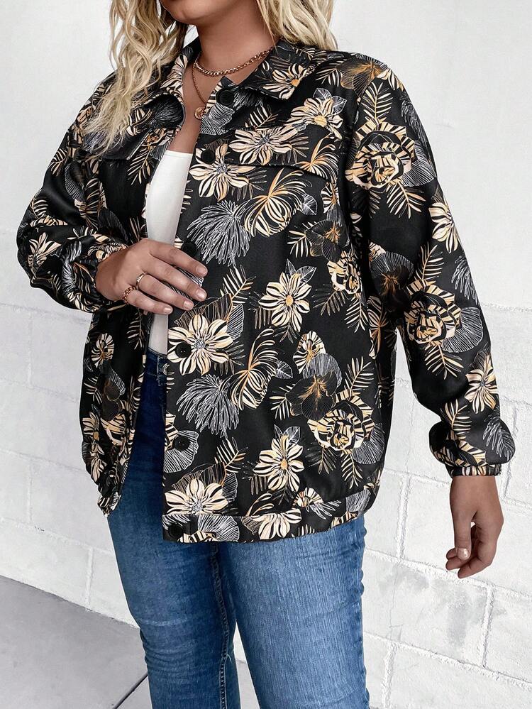 Plus Floral Print Button Front Coat