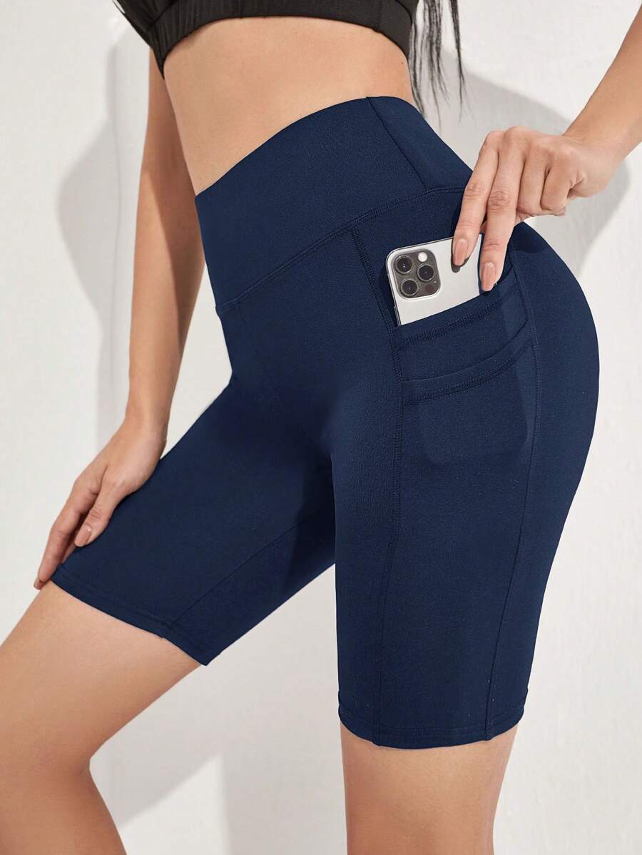 SHEIN Sports Quần short thể thao cạp rộng có túi đựng điện thoại bên hông Quần short màu xanh Quần short thể thao nữ, Quần short tập gym, Quần short đi xe đạp - Màu xanh hải quân - Xem 1