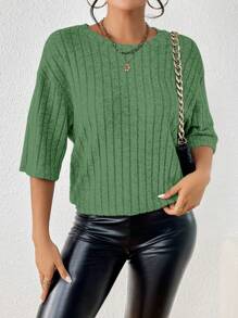 SHEIN Essnce Drop Shoulder Ribbed Knit Tee - Green - View 6