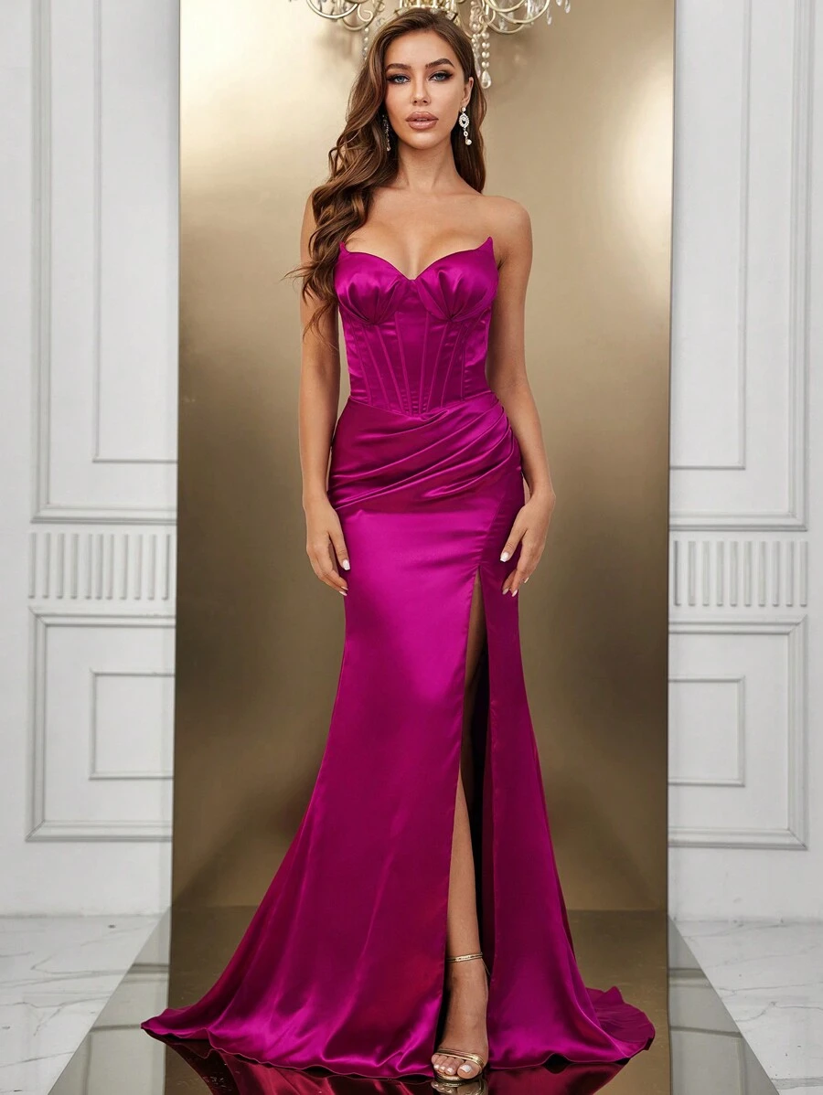 SHEIN Belle Split Thigh Tube Formal Dress - Red - View 1