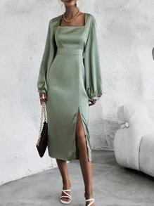 SHEIN Clasi 方領燈籠袖高衩緞面洋裝 - 薄荷綠 - 查看 7