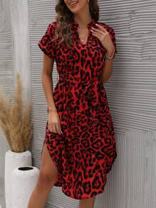 SHEIN LUNE Leopard Print Notched Neckline Batwing Sleeve Belted Dress - Red - View 5
