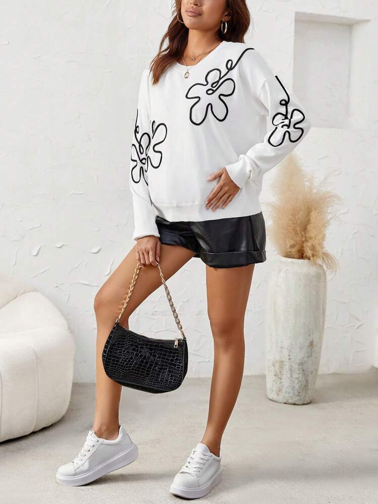 SHEIN הריונית הדפס פרחוני כתף חשופה סוודרים - לבן - ראה 4