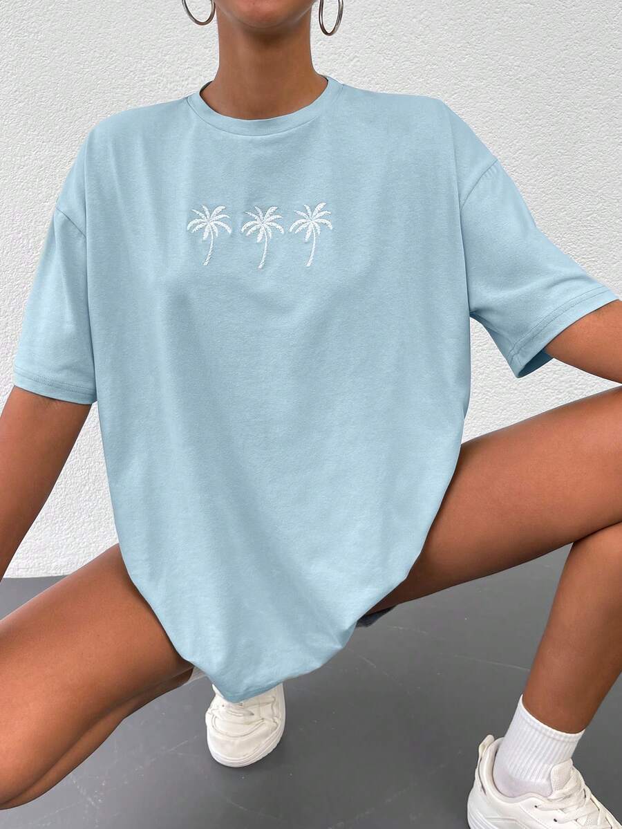Cottnline Coconut Tree Embroidery Drop Shoulder Tee - Blue - View 1