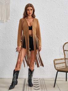 SHEIN VCAY Open Front Fringe Hem Coat - Camel - View 5