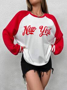 SHEIN Unity Sudadera con estampado de letra de manga raglán de dos tonos - Rojo y blanco - Ver 4