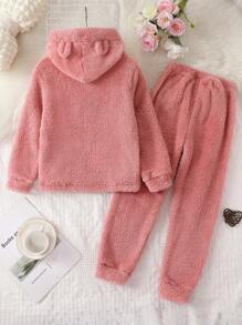女大童袋鼠口袋法蘭絨連帽衫和褲子睡衣套裝 - 西瓜粉 - 查看 2