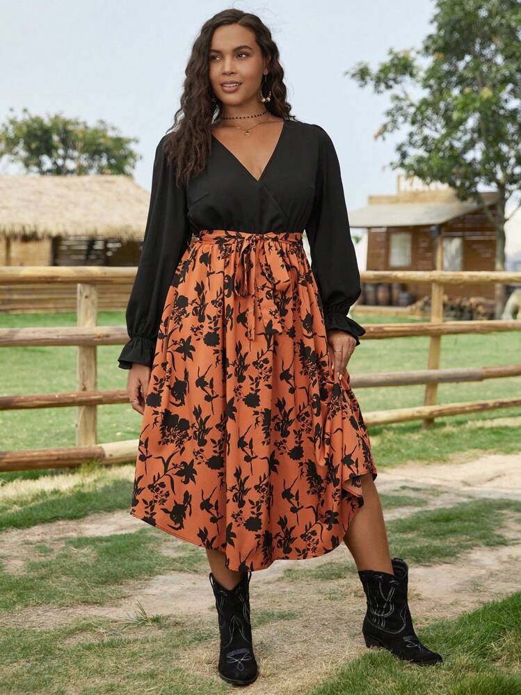 SHEIN VCAY מידות גדולות הדפס פרחוני שרוולים מתרחבים שמלת חגורה - ריבוי צבעים - ראה 5