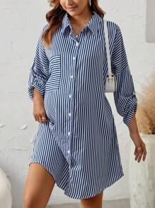 SHEIN 孕婦條紋印花落肩袖襯衫洋裝 - 藍白色 - 查看 5