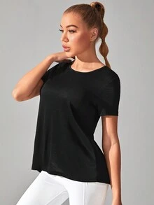 嵌入網紗圍裹後運動T恤 - 黑色 - 查看 3