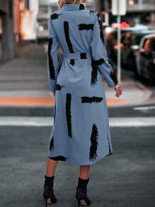 SHEIN Clasi 筆刷圖案腰帶襯衫連衣裙 - 霧霾藍 - 查看 2