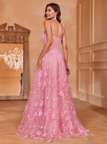 貼花網紗邊超長吊帶婚紗洋裝 - 粉色 - 查看 3