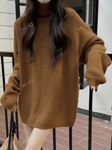 Solid High Neck Drop Shoulder Oversized Sweater