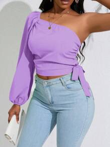 VaVaBold 單肩燈籠袖側打結短款襯衫 - 紫色 - 查看 7