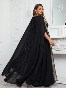 YISIKADO Plus Contrast Sequin Formal Dress With Cape - Black - View 2