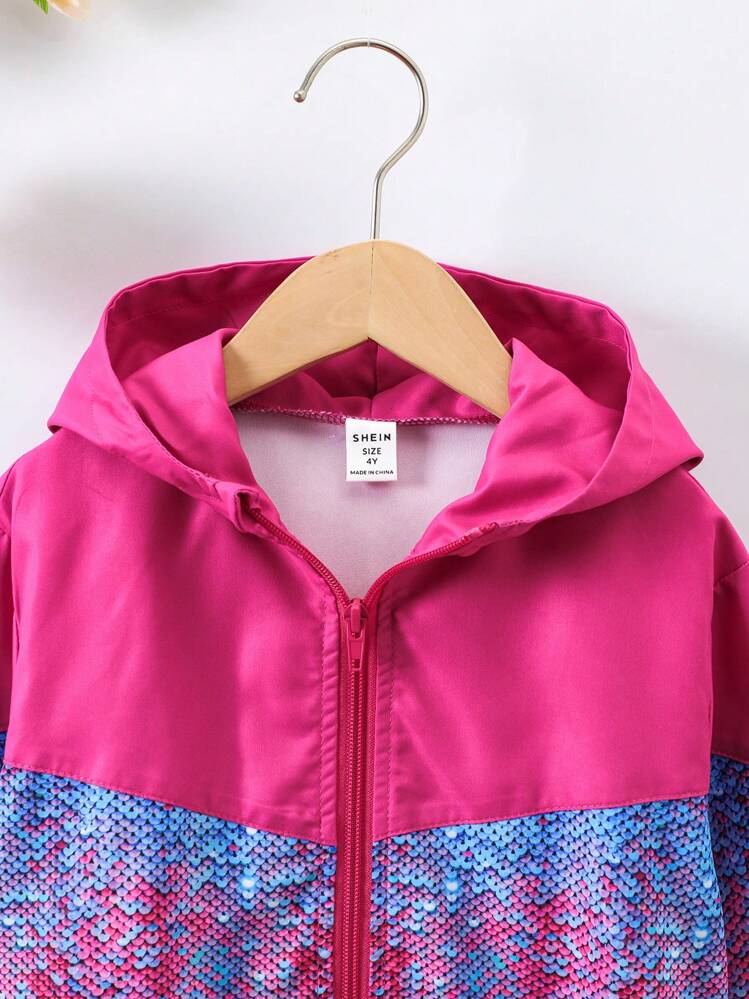 SHEIN Chica Joven Cazadora con estampado de escamas de pescado con cremallera con capucha - Rosa Fucsia - Añade 3