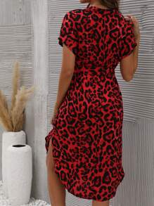 SHEIN LUNE Leopard Print Notched Neckline Batwing Sleeve Belted Dress - Red - View 2