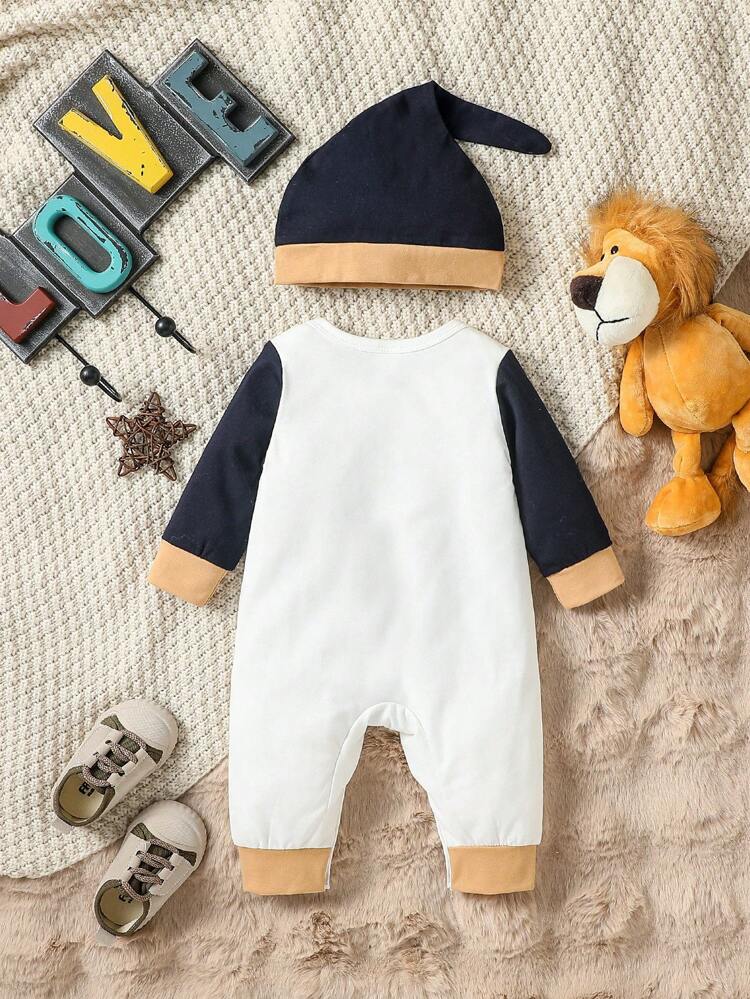 Baby Girl Slogan Graphic Contrast Trim Jumpsuit & Hat