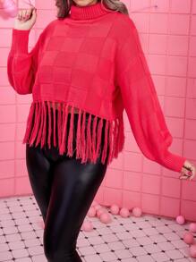 Calvaya Plus Turtleneck Fringe Hem Drop Shoulder Sweater Knit Pullover Fall Winter Sweater - Hot Pink - View 4