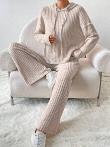 SHEIN LUNE Thả vai Dây rút Áo Hoodie & Quần - Màu be - Xem 1