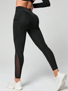 Easithlete 女款网眼侧插手机袋运动紧身裤瑜伽裤 - 黑色 - 查看 2