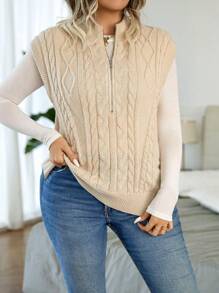 Calvaya 大碼1入組麻花編織前拉鍊毛衣背心 - 杏色 - 查看 3