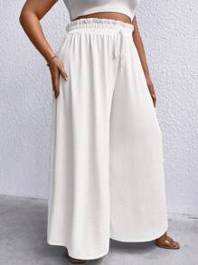 SHEIN LUNE Talla grande Pantalones de pierna ancha de cintura con volante con nudo delantero - Blanco - Ver 5