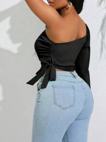 VaVaBold Tay áo lồng đèn một vai Nút ven Áo sơ mi Crop - màu đen - Xem 2