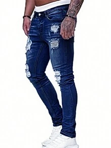 Manfinity Roughcore Pantalones vaqueros rasgados en modelo ceñido y largo con lavado oscuro de corte recto, azul sólido, ideal para salir a la calle o para uso diario, para hombres