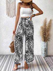 SHEIN VCAY Allover Print Wide Leg Pants - Black and White - View 5