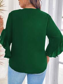 SHEIN Clasi Plus Notched Neckline Flare Sleeve Blouse - Dark Green - View 2