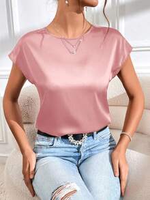 SHEIN Privé 水鑽鏈條扭結露背蝙蝠袖緞面襯衫 - 粉色 - 查看 5