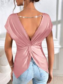 SHEIN Privé 水鑽鏈條扭結露背蝙蝠袖緞面襯衫 - 粉色 - 查看 6