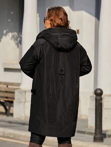 Astrid Plus Size Zip Up Drawstring Hooded Padded Coat, For Winter - Black - View 2