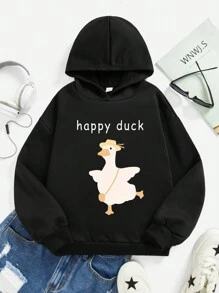 SHEIN Leap Crew Tween Girl Duck & Slogan Graphic Sweatshirt - Black - View 1