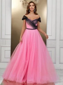 SHEIN Belle Off Shoulder Mesh Formal Dress - Pink - View 8