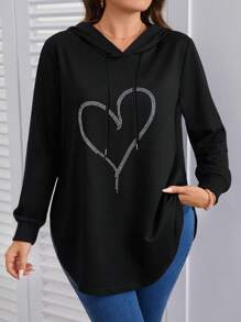SHEIN LUNE Sudadera con estampado de corazón talla grande, atuendos de graduación, regreso a la escuela, atuendos de maestras para mujeres, regreso a la escuela en invierno, otoño - Negro - Ver 3