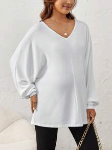 SHEIN Maternity Solid Batwing Sleeve V Neck Tee - White - View 4