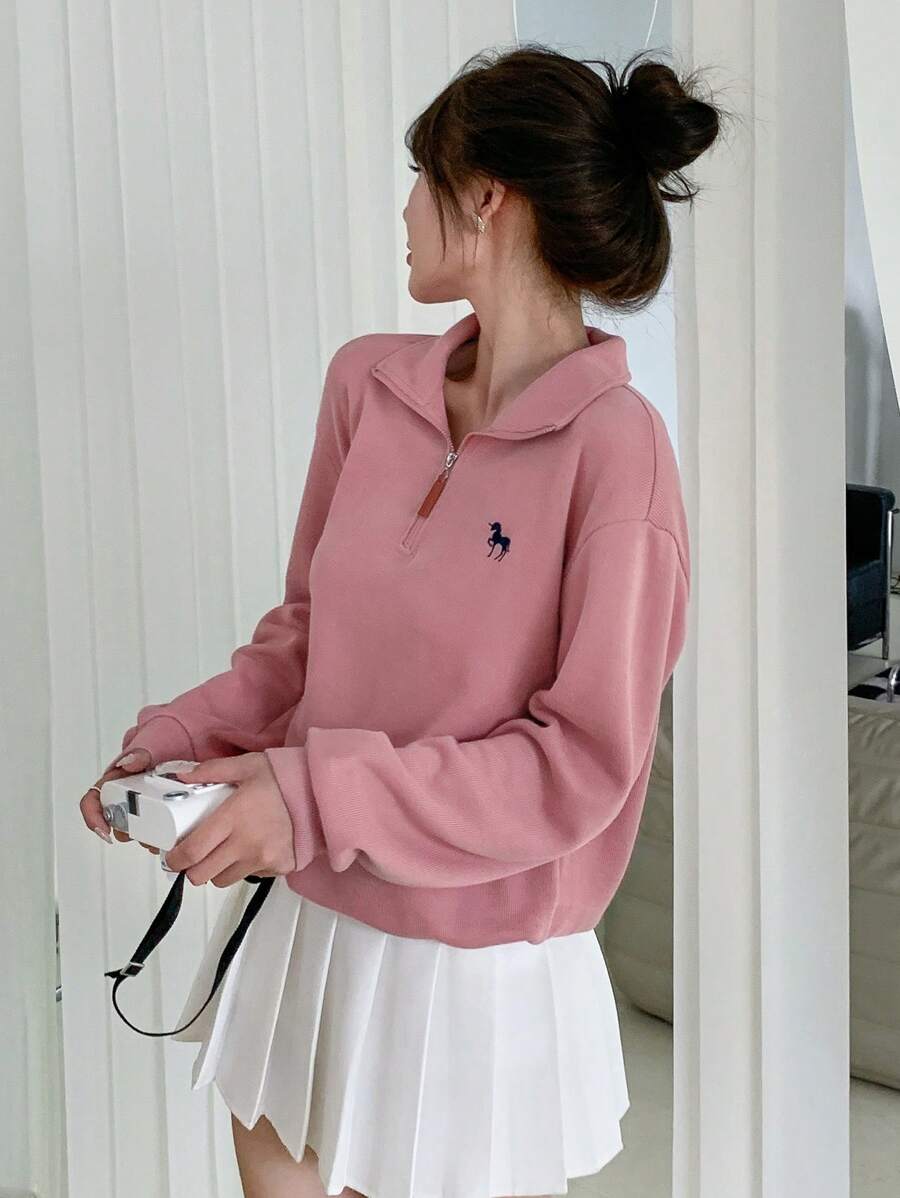 DAZY Embroidery Drop Shoulder Polo Neck Sweatshirt,Long Sleeve Tops,Fall Clothes - Pink - View 1