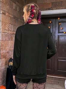 PUNK 萬聖節骷髏手和字母圖案落肩袖套頭衫 - 黑色 - 查看 2