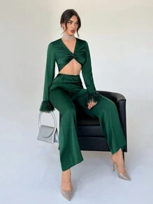 Aloruh 前扭結毛茸茸袖口短款上衣&闊腿褲 - 墨綠色 - 查看 1