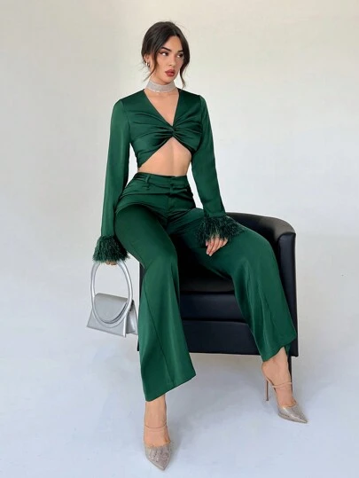 Aloruh 前扭結毛茸茸袖口短款上衣&闊腿褲