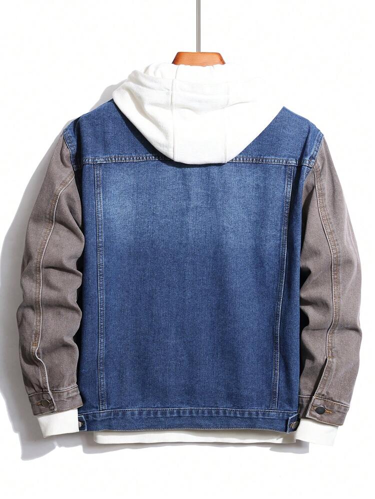 Loose Fit Men's Color Block Ripped Denim Jacket With Flap Pockets (No Hood)