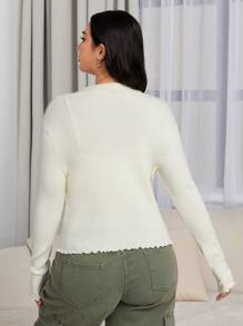 SHEIN EZwear 大碼生菜飾邊鈕扣開衫 - 米色 - 查看 2