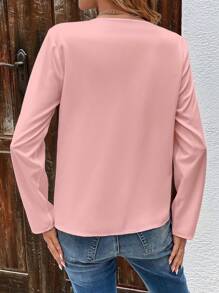 SHEIN LUNE 素色缺口領拼接細節襯衫 - 粉色 - 查看 2