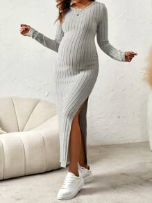 SHEIN Maternity Ribbed Knit Split Thigh Dress With Long Sleeve - Grey - View 4
